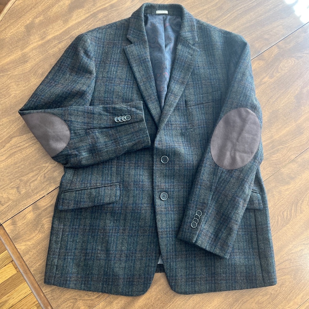 JOE Joseph Abboud Mens 44S Slim Fit Wool Plaid Blazer Elbow Patch Green Blue